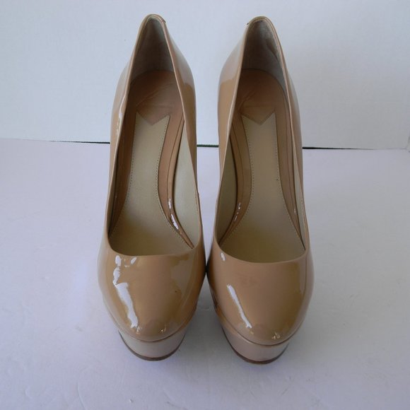 Brian Atwood PATENT Leather Leonida TAN/METALLIC PLATFORM HIGH HEELS SZ 8/38.5 - Picture 5 of 8